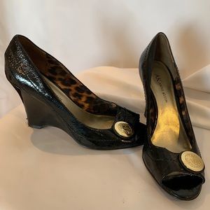 Anne Klein Black Leather Pep Toe Wedge